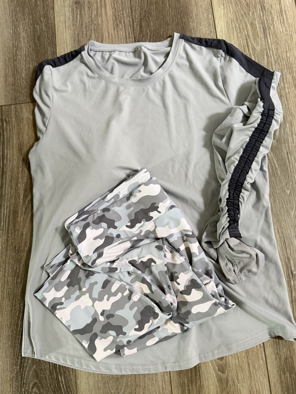 Fabletics Light Gray Camo Leggings with Gray Long Sleeve Top
